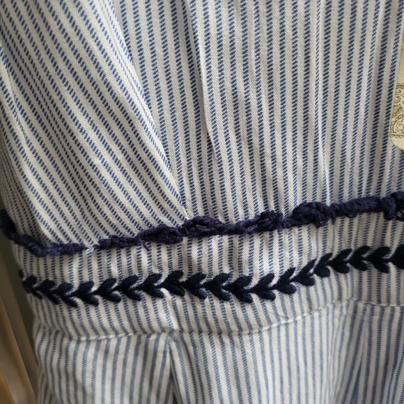 JAPNA Jumper Jumpsuit Blue/White Palazzo Wide Leg Smocked Stripe Lined Rayon - Picture 4 of 9